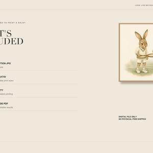 May include: A digital art print listing featuring the text WHAT'S INCLUDED and a framed illustration of a rabbit wearing a white tennis outfit, holding a wooden tennis racket with a ball in the air, set against a light beige background.