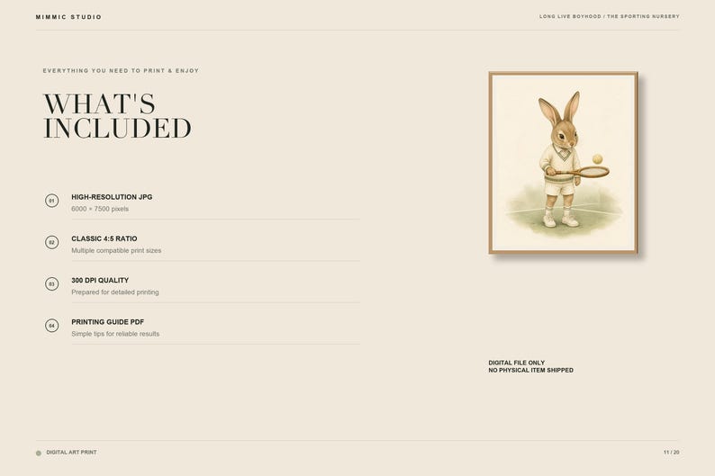 May include: A digital art print listing featuring the text WHAT'S INCLUDED and a framed illustration of a rabbit wearing a white tennis outfit, holding a wooden tennis racket with a ball in the air, set against a light beige background.