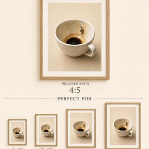 Size guide graphic showing one framed art print and four smaller scale layout examples with dimensions.