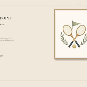 May include: A framed wall art print titled MATCH POINT featuring two crossed wooden tennis rackets, a small yellow tennis ball, a sage green flag, and two symmetrical green laurel leaf branches on a cream background within a light wood frame.