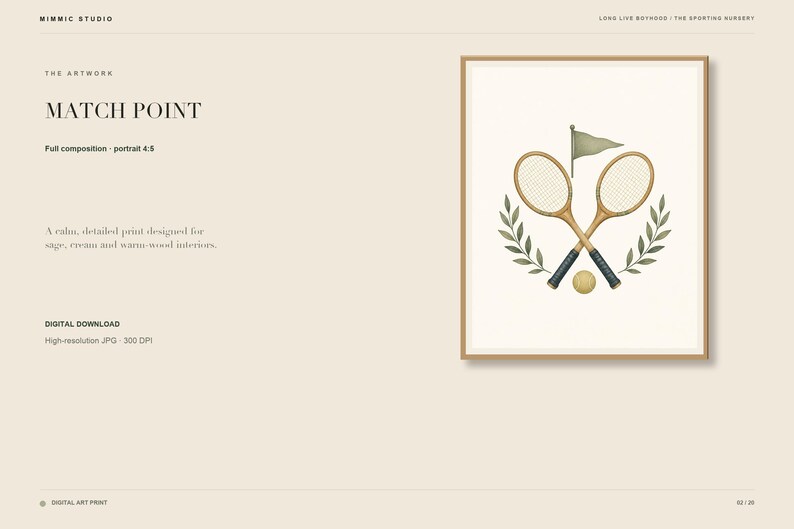 May include: A framed wall art print titled MATCH POINT featuring two crossed wooden tennis rackets, a small yellow tennis ball, a sage green flag, and two symmetrical green laurel leaf branches on a cream background within a light wood frame.