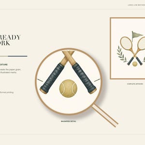 May include: A digital art print featuring a watercolor illustration of two crossed tennis rackets and a tennis ball. A magnifying glass overlay highlights the textured paper grain and fine illustrated marks of the rackets and ball.