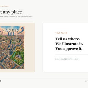 May include: A digital art service interface featuring a detailed illustration of Madrid with city buildings, parks, and a blue sky. Text includes: The world is your gallery, Request any place, Your place, Tell us where. We illustrate it. You approve it.