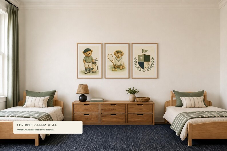 Three framed sports prints featuring teddy bears and a club crest hang centered above a wooden dresser between two twin beds.