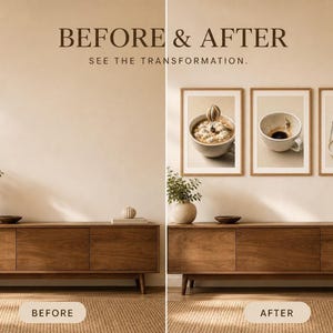 Before and after comparison graphic showing a blank living room wall and the same wall decorated with three framed art prints.