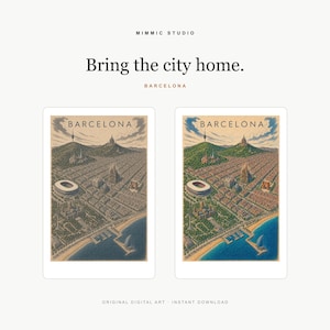 May include: Two rectangular digital art prints of Barcelona, Spain, featuring an aerial city view with the text "BARCELONA" at the top. The top of the image displays the text "MIMMIC STUDIO", "Bring the city home.", and "BARCELONA".