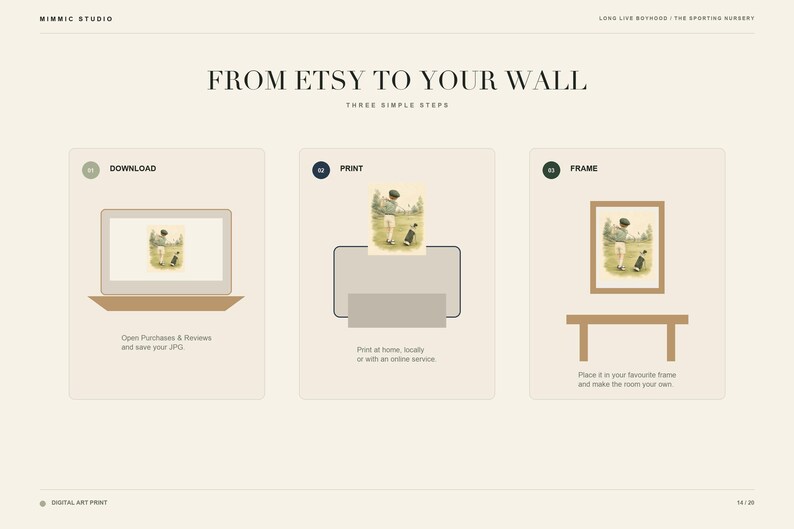 May include: An instructional graphic titled FROM ETSY TO YOUR WALL showing three steps: download a digital file on a laptop, print the image using a printer, and frame the artwork. The illustration features a child golfer in each step.