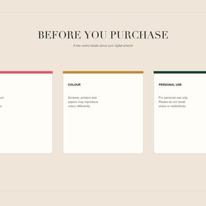 An informational slide titled Before You Purchase detailing policies on digital items, color variations, and personal use.
