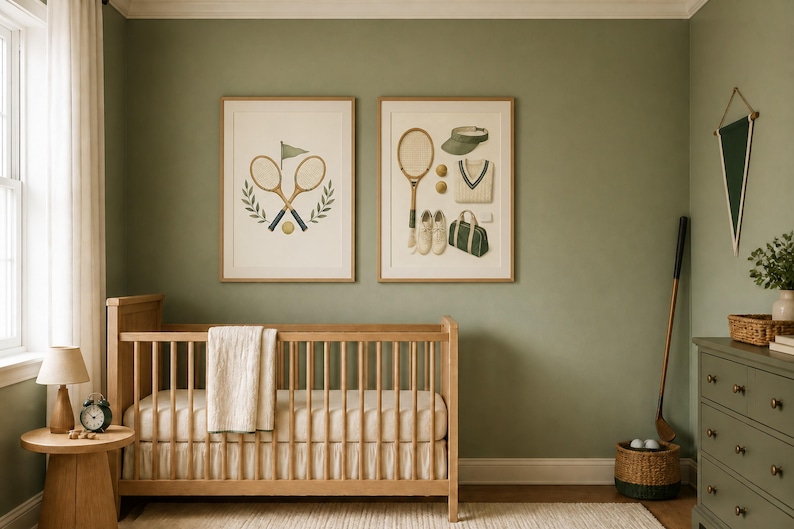 May include: Two framed wall art prints featuring tennis-themed illustrations, including crossed rackets, a ball, a visor, a sweater, shoes, and a duffel bag, displayed above a wooden crib in a room with sage green walls and neutral decor.