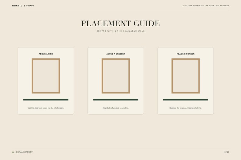 May include: A beige digital placement guide titled PLACEMENT GUIDE with three rectangular frames labeled ABOVE A CRIB, ABOVE A DRESSER, and READING CORNER. Each section includes instructions for centering art prints on walls above furniture pieces.