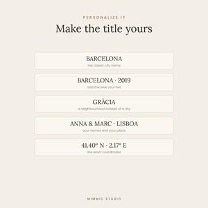 K&ouml;nnte beinhalten: Eine beige Grafik mit dem Text PERSONALIZE IT und Make the title yours, gefolgt von f&uuml;nf Beispielen f&uuml;r anpassbare Textoptionen, darunter BARCELONA, BARCELONA 2019, GR&Agrave;CIA, ANNA & MARC LISBOA und 41.40&deg; N 2.17&deg; E, abschlie&szlig;end mit MIMMIC STUDIO.