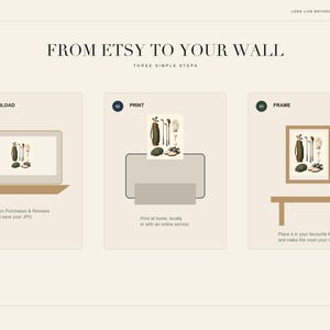 May include: An instructional graphic titled FROM ETSY TO YOUR WALL showing three steps: 01 DOWNLOAD, featuring a laptop with a golf art print; 02 PRINT, showing a printer with the same print; and 03 FRAME, displaying the print in a wooden frame.