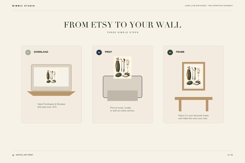 May include: An instructional graphic titled FROM ETSY TO YOUR WALL showing three steps: 01 DOWNLOAD, featuring a laptop with a golf art print; 02 PRINT, showing a printer with the same print; and 03 FRAME, displaying the print in a wooden frame.