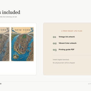 May include: A digital download set titled What is included, featuring two New York city map illustrations in vintage ink and vibrant color styles, alongside a list of two print-ready JPG files and a printing guide PDF for the artwork.