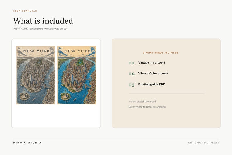 May include: A digital download set titled What is included, featuring two New York city map illustrations in vintage ink and vibrant color styles, alongside a list of two print-ready JPG files and a printing guide PDF for the artwork.