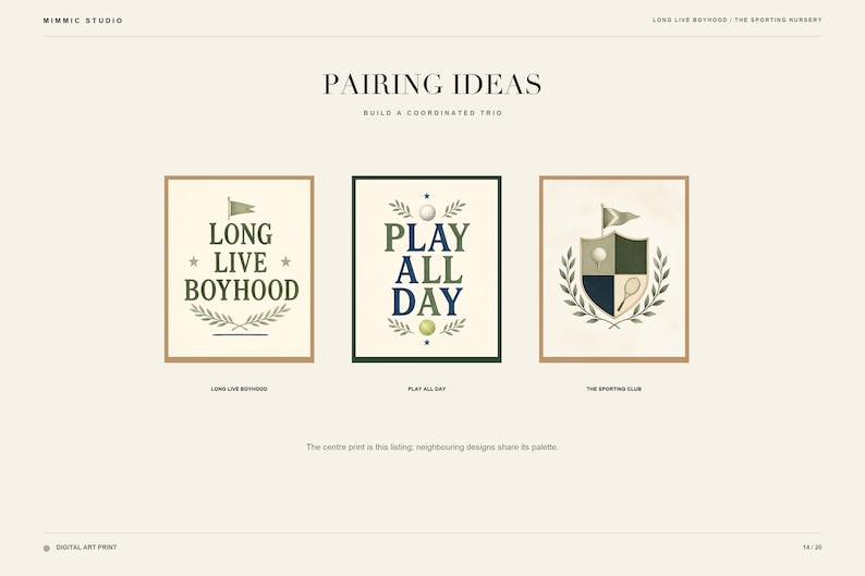 May include: Three rectangular art prints featuring sports-themed illustrations. The left print says LONG LIVE BOYHOOD with a flag and laurel. The center print says PLAY ALL DAY with a ball. The right print shows a shield crest with a tennis racket.