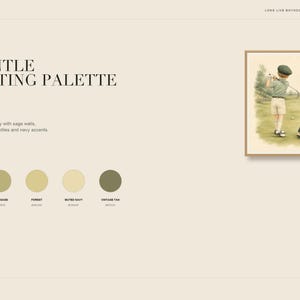 May include: A digital art print titled First Swing featuring a framed illustration of a golfer on a green course. The layout includes a color palette with five circular swatches labeled Warm Ivory, Soft Sage, Forest, Muted Navy, and Vintage Tan.