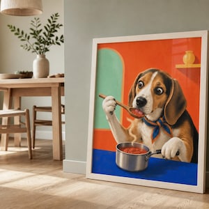 A framed art print of a beagle tasting food from a spoon rests on a wooden floor in a warmly lit room.