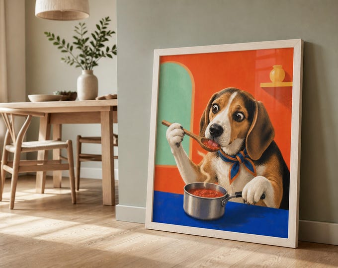 Dog Cooking Art, Beagle Digital Print with Colorful Kitchen Humor
