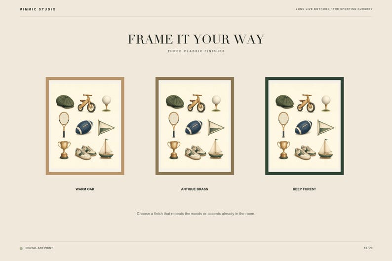 May include: Three framed art prints titled FRAME IT YOUR WAY, each displaying a grid of nine illustrations including a cap, bicycle, golf tee, tennis racket, football, pennant, trophy, sneakers, and sailboat, with warm oak, antique brass, and deep forest frames.