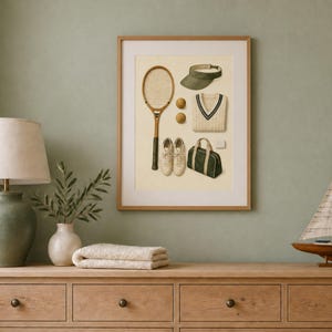 May include: A framed wall art print featuring a collection of tennis equipment including a wooden racket, two tennis balls, a green visor, a white cable-knit sweater with dark trim, a pair of white sneakers, and a green duffel bag on a cream background.