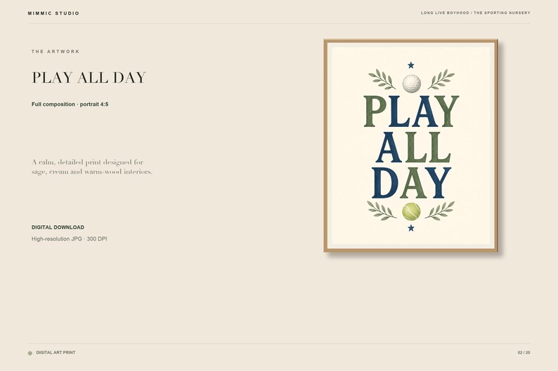 May include: A framed wall art print featuring the text PLAY ALL DAY in dark blue and sage green letters. The design includes a white golf ball at the top and a yellow-green tennis ball at the bottom, accented by green leaves and small blue stars.