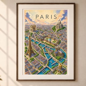 Op de afbeelding: Een ingelijste kunstdruk met een gedetailleerde, kleurrijke luchtillustratie van Parijs. Het woord PARIS staat in het zwart bovenaan gedrukt. De sc&egrave;ne toont de Eiffeltoren, Arc de Triomphe, Sacr&eacute;-C&oelig;ur en de Notre-Dame langs de Seine.