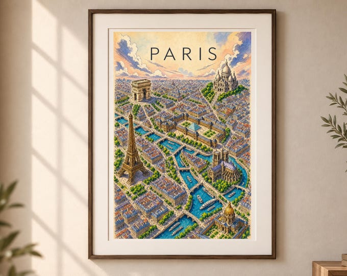 Paris Map Printable Wall Art, Vintage & Color City Poster, French Travel Decor, Digital Download