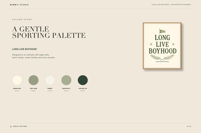 Puede incluir: Una impresi&oacute;n de arte digital con el texto LONG LIVE BOYHOOD en verde oscuro, un icono de bandera, dos estrellas y una corona de laurel. La imagen incluye una paleta de colores de cinco c&iacute;rculos etiquetados como WARM IVORY, SOFT SAGE, FOREST, MUTED NAVY y VINTAGE TAN.