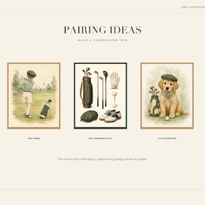 May include: A set of three framed art prints titled Pairing Ideas. The left print shows a child golfing, the center print displays golf clubs, a bag, shoes, a glove, and a cap, and the right print features a puppy wearing a green cap.