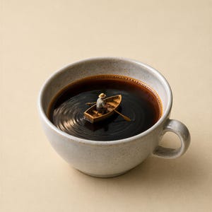 Close-up product shot of a speckled ceramic cup filled with dark espresso where a miniature person rows a wooden boat.