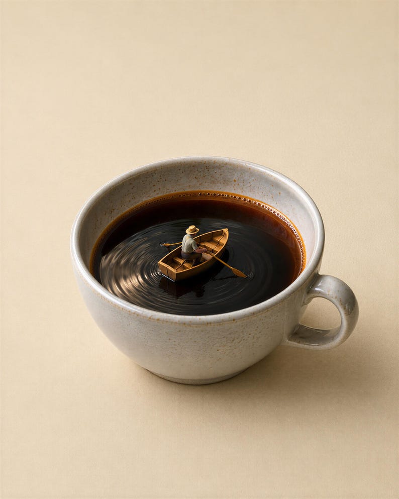 Close-up product shot of a speckled ceramic cup filled with dark espresso where a miniature person rows a wooden boat.
