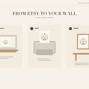 May include: An instructional graphic titled FROM ETSY TO YOUR WALL with three steps: 01 DOWNLOAD showing a laptop, 02 PRINT showing a printer with paper, and 03 FRAME showing a framed tennis racket illustration on a table, all in a neutral color palette.