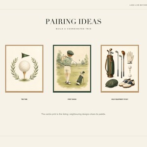May include: A digital art print display titled PAIRING IDEAS featuring three golf-themed illustrations. The left shows a golf ball on a tee with a laurel wreath, the center shows a child swinging a club, and the right shows golf equipment.