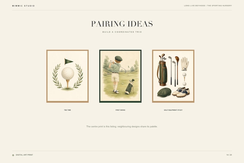 May include: A digital art print display titled PAIRING IDEAS featuring three golf-themed illustrations. The left shows a golf ball on a tee with a laurel wreath, the center shows a child swinging a club, and the right shows golf equipment.
