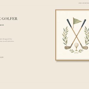 May include: A framed wall art print titled Future Golfer featuring a watercolor illustration of two crossed golf clubs, a golf ball on a tee, a small flag, and green leafy branches arranged in a symmetrical wreath on a cream background.