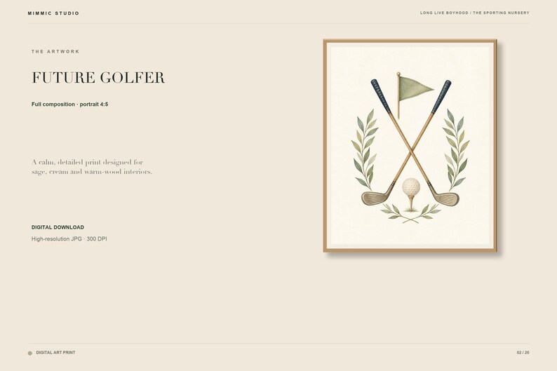 May include: A framed wall art print titled Future Golfer featuring a watercolor illustration of two crossed golf clubs, a golf ball on a tee, a small flag, and green leafy branches arranged in a symmetrical wreath on a cream background.