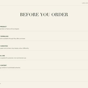May include: A beige informational graphic titled BEFORE YOU ORDER with five numbered points: Digital Product, Instant Download, Colour Variation, Personal Use, and Bundle Content. The text explains that this is a digital product with six artworks.