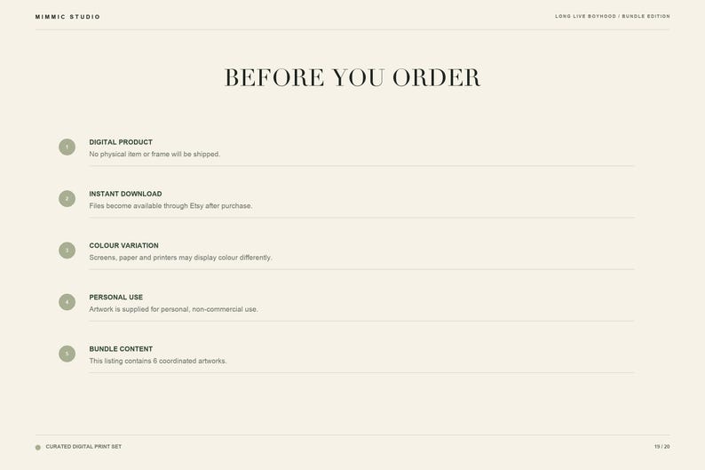May include: A beige informational graphic titled BEFORE YOU ORDER with five numbered points: Digital Product, Instant Download, Colour Variation, Personal Use, and Bundle Content. The text explains that this is a digital product with six artworks.