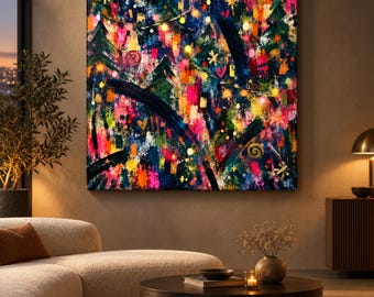 Night of Lights Abstract Christmas Print, Fluorescent Holiday Wall Art, Neon Abstract Art, Square Printable Download