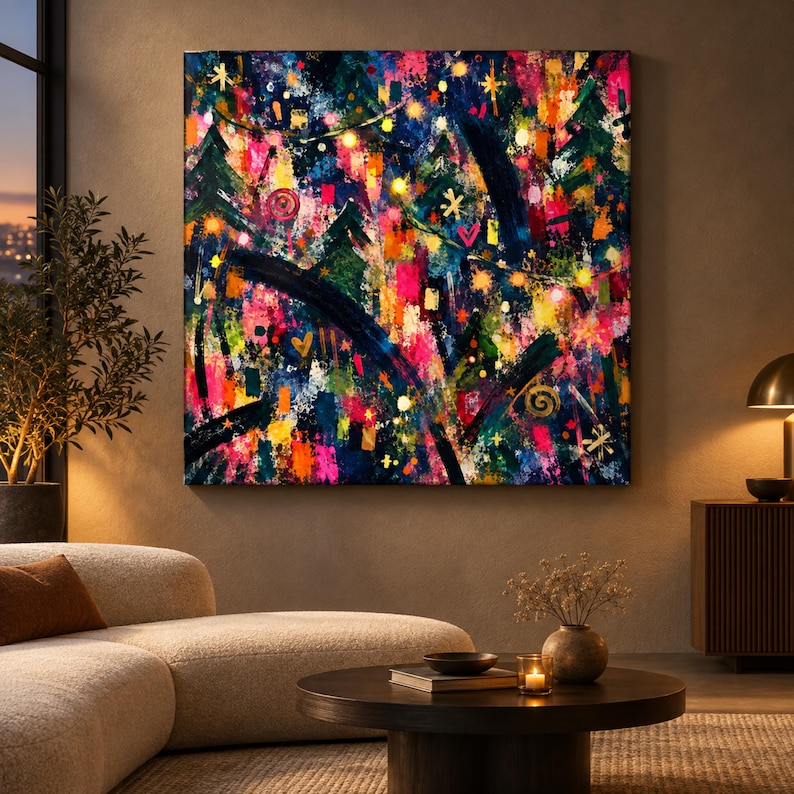 May include: A square canvas painting featuring an abstract, festive scene with dark blue, deep green, and vibrant pink brushstrokes. The composition includes glowing yellow light orbs, stylized evergreen tree shapes, and small heart symbols.