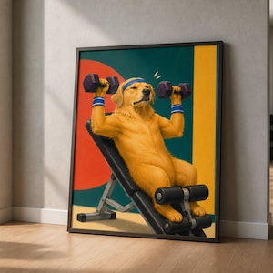 A framed poster of a golden retriever lifting dumbbells on an incline bench stands on a wooden floor leaning against a neutral wall.
