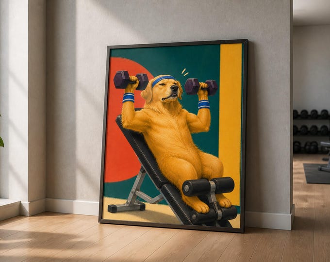Golden Retriever Art, Colorful Printable Gym Poster with Dumbbells