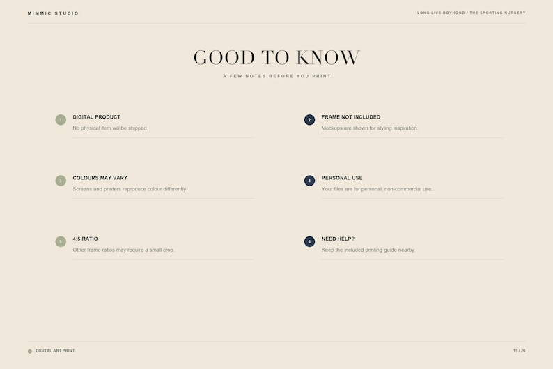 May include: A beige informational graphic titled GOOD TO KNOW with six numbered points regarding a digital product. Text includes Digital Product, Frame Not Included, Colours May Vary, Personal Use, 4:5 Ratio, and Need Help? with brief descriptions.