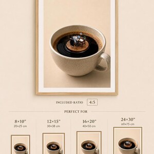 A size guide infographic displaying a framed coffee art print in the 4 to 5 ratio with example frame sizes ranging from 8x10 inches to 24x30 inches.