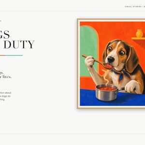 A product listing slide features the title dogs off duty alongside the beagle taste test artwork.