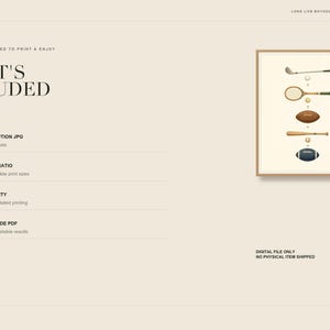 May include: A digital art print information sheet titled WHAT'S INCLUDED, listing high-resolution JPG, 4:5 ratio, 300 DPI, and printing guide PDF. To the right, a framed illustration displays a vertical arrangement of a golf club, tennis racket, football, baseball bat, and rugby ball.