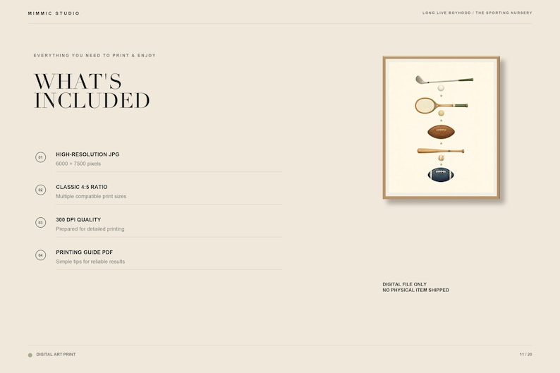 May include: A digital art print information sheet titled WHAT'S INCLUDED, listing high-resolution JPG, 4:5 ratio, 300 DPI, and printing guide PDF. To the right, a framed illustration displays a vertical arrangement of a golf club, tennis racket, football, baseball bat, and rugby ball.