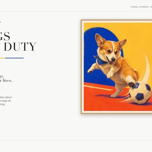 Slide titled Dogs Off Duty featuring the corgi soccer artwork on the right and descriptive text on the left.