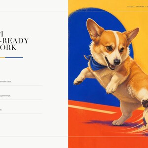 Product detail slide highlighting high-resolution print-ready artwork specs next to a close-up of the corgi print.